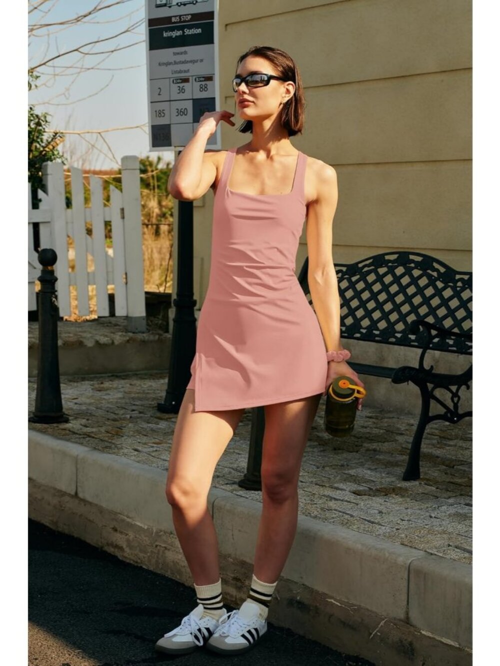 🆕Women's Coral Pink Square Neck Summer Casual Spaghetti Strap Outfit Mini Dress - Picture 4 of 7